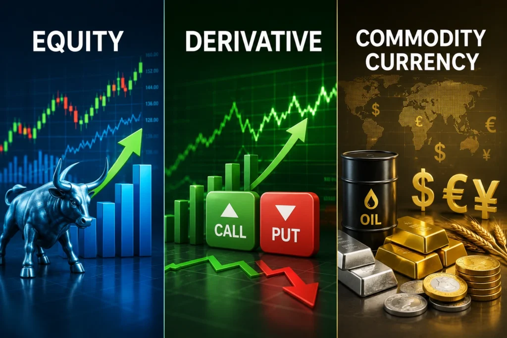 equity, derivative, commodity currency.